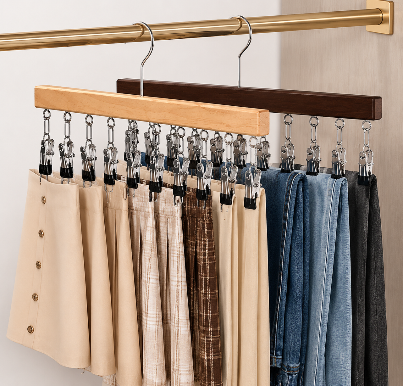 Houten kledinghaak met 12 clips – ruimtebesparend voor sokken