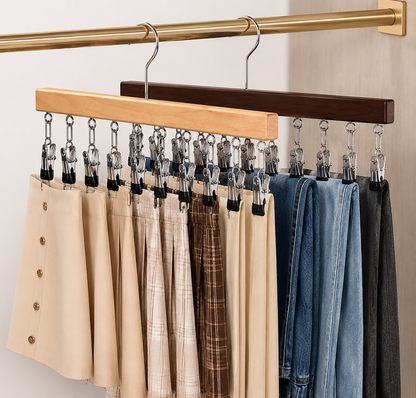 Houten kledinghaak met 12 clips – ruimtebesparend voor sokken
