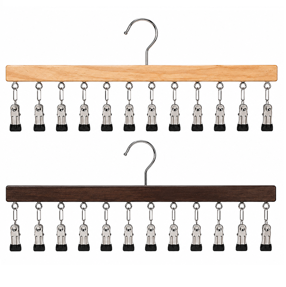 Houten kledinghaak met 12 clips – ruimtebesparend voor sokken