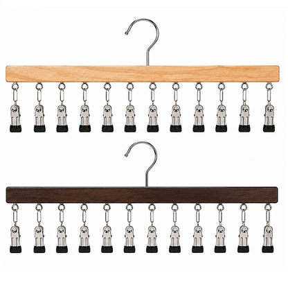Houten kledinghaak met 12 clips – ruimtebesparend voor sokken
