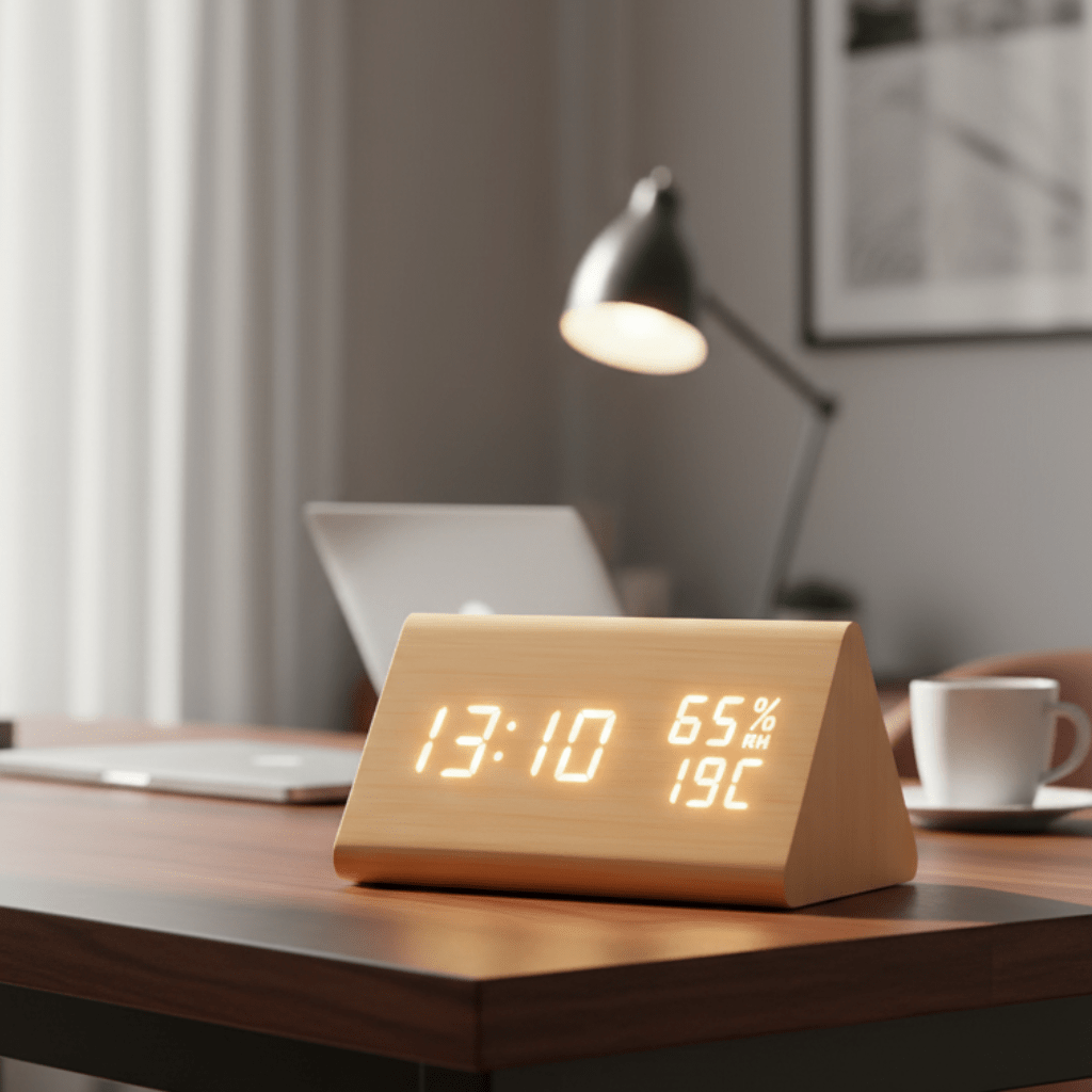 Digitale klok met houtlook, temperatuurweergave en dimbaar display