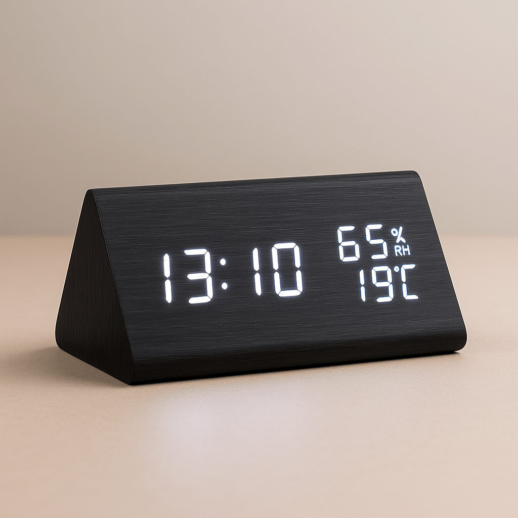 Digitale klok met houtlook, temperatuurweergave en dimbaar display