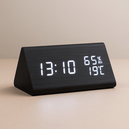 Digitale klok met houtlook, temperatuurweergave en dimbaar display