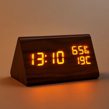 Digitale klok met houtlook, temperatuurweergave en dimbaar display