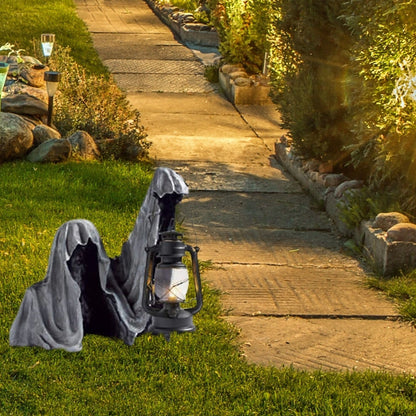 Halloween Magere Hein figuur met lantaarn van hars – Weerbestendige tuindecoratie