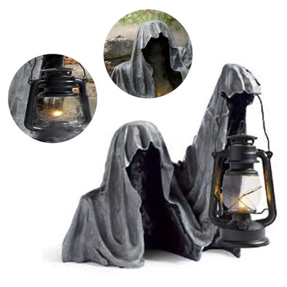 Halloween Magere Hein figuur met lantaarn van hars – Weerbestendige tuindecoratie