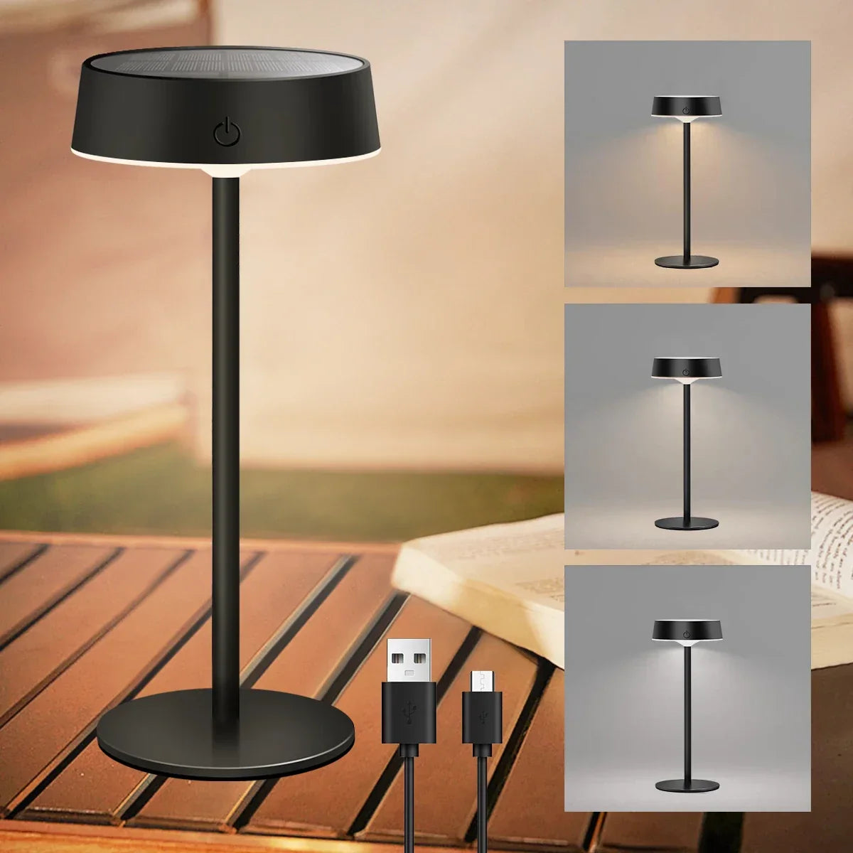 Draadloze LED Tafellamp Solar – dimbaar, 3 lichtkleuren, IP65
