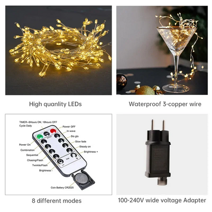 Cluster LED-lichtsnoer zilverdraad warmwit koudwit IP44 waterdicht