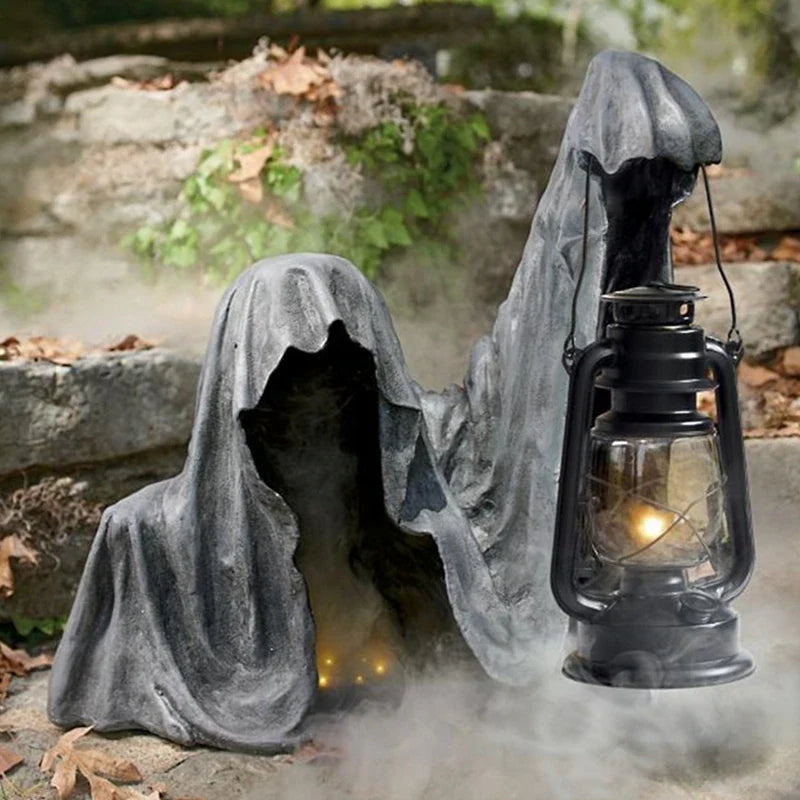 Halloween Magere Hein figuur met lantaarn van hars – Weerbestendige tuindecoratie