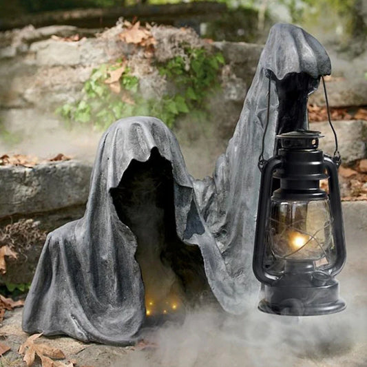 Halloween Magere Hein figuur met lantaarn van hars – Weerbestendige tuindecoratie