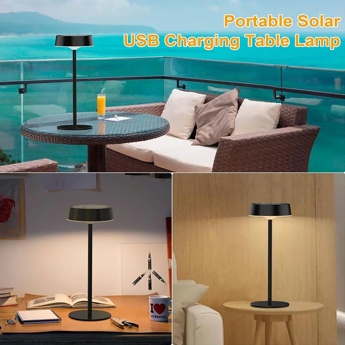 Draadloze LED Tafellamp Solar – dimbaar, 3 lichtkleuren, IP65