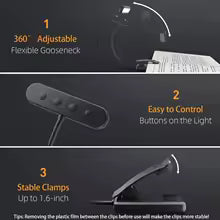 Leeslamp met clip en flexibele arm – USB oplaadbaar, 3 lichtkleuren