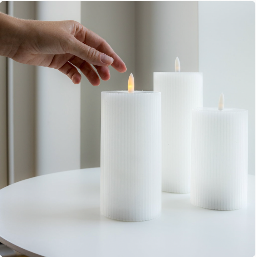 Kaarsenset 3-delig geribbeld met touch-functie – warmwit licht