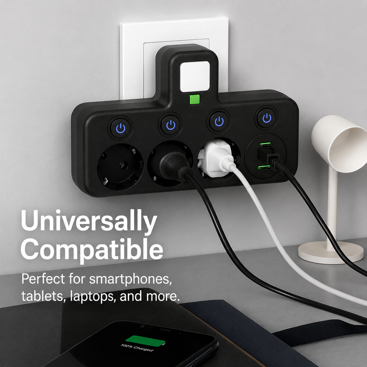 Stekkerdoos 3-voudig met USB, Type-C en overspanningsbeveiliging