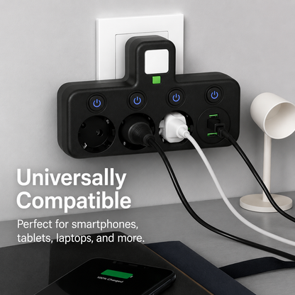 Stekkerdoos 3-voudig met USB, Type-C en overspanningsbeveiliging