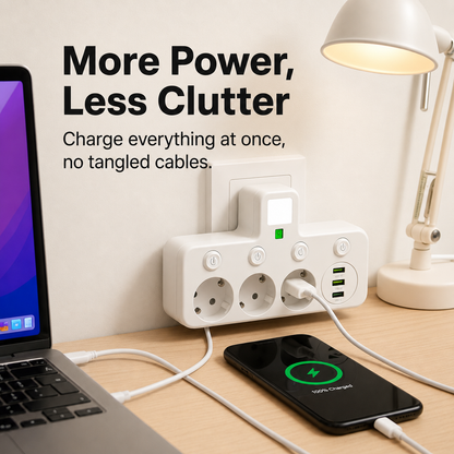 Stekkerdoos 3-voudig met USB, Type-C en overspanningsbeveiliging