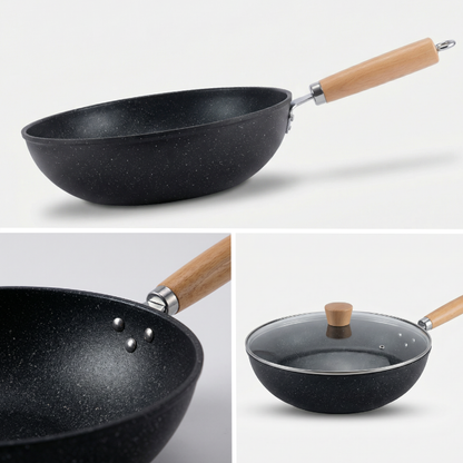 Keramische wok met glazen deksel en houten handgreep voor alle kookplaten