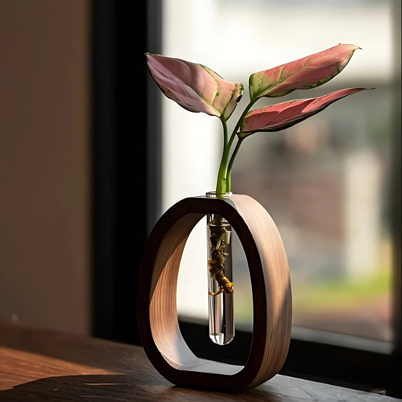 Vaas met houten frame en reageerbuis – Minimalistische tafeldecoratie