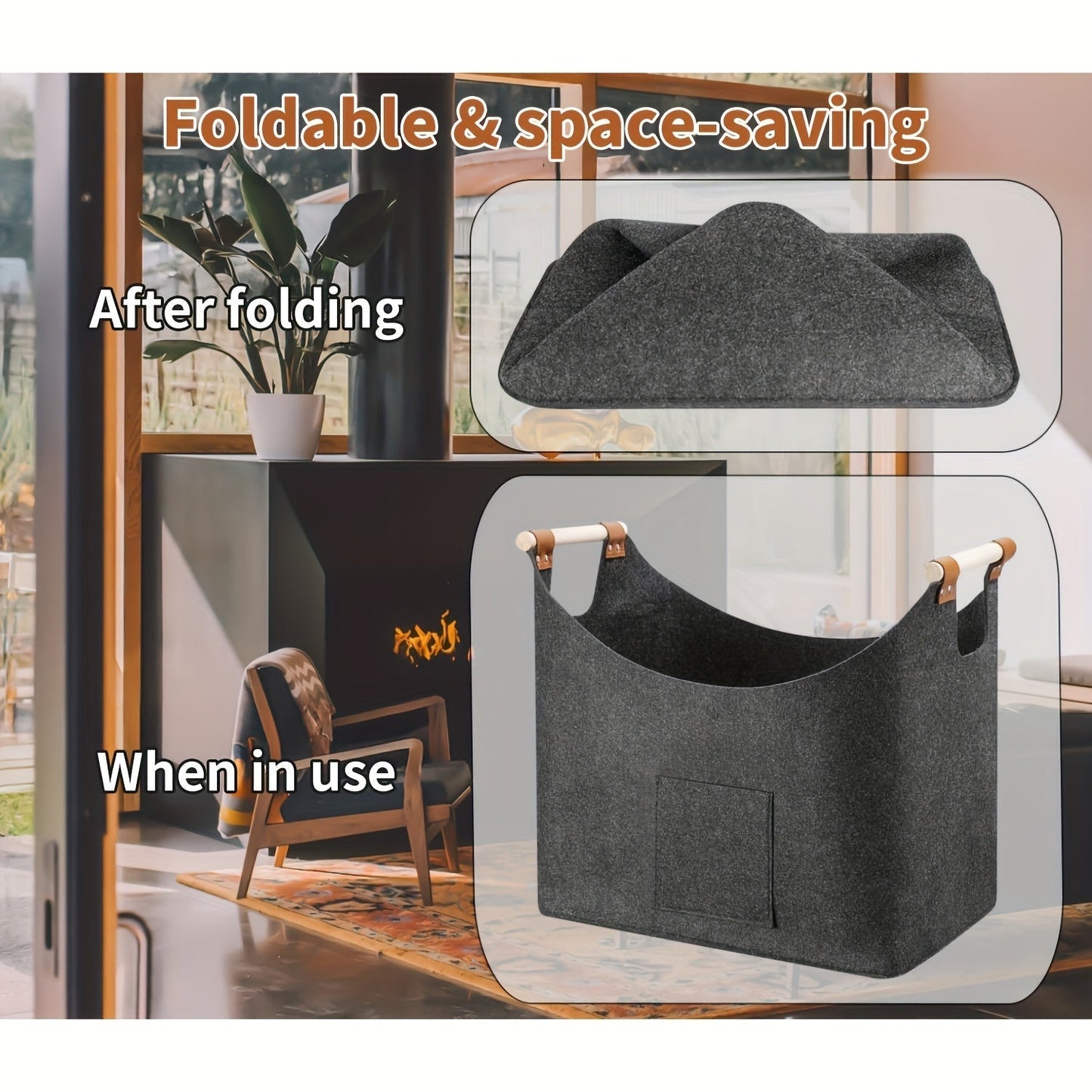 Opvouwbare haardhoutmand van vilt met houten handvatten – 55 liter