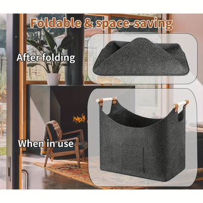 Opvouwbare haardhoutmand van vilt met houten handvatten – 55 liter