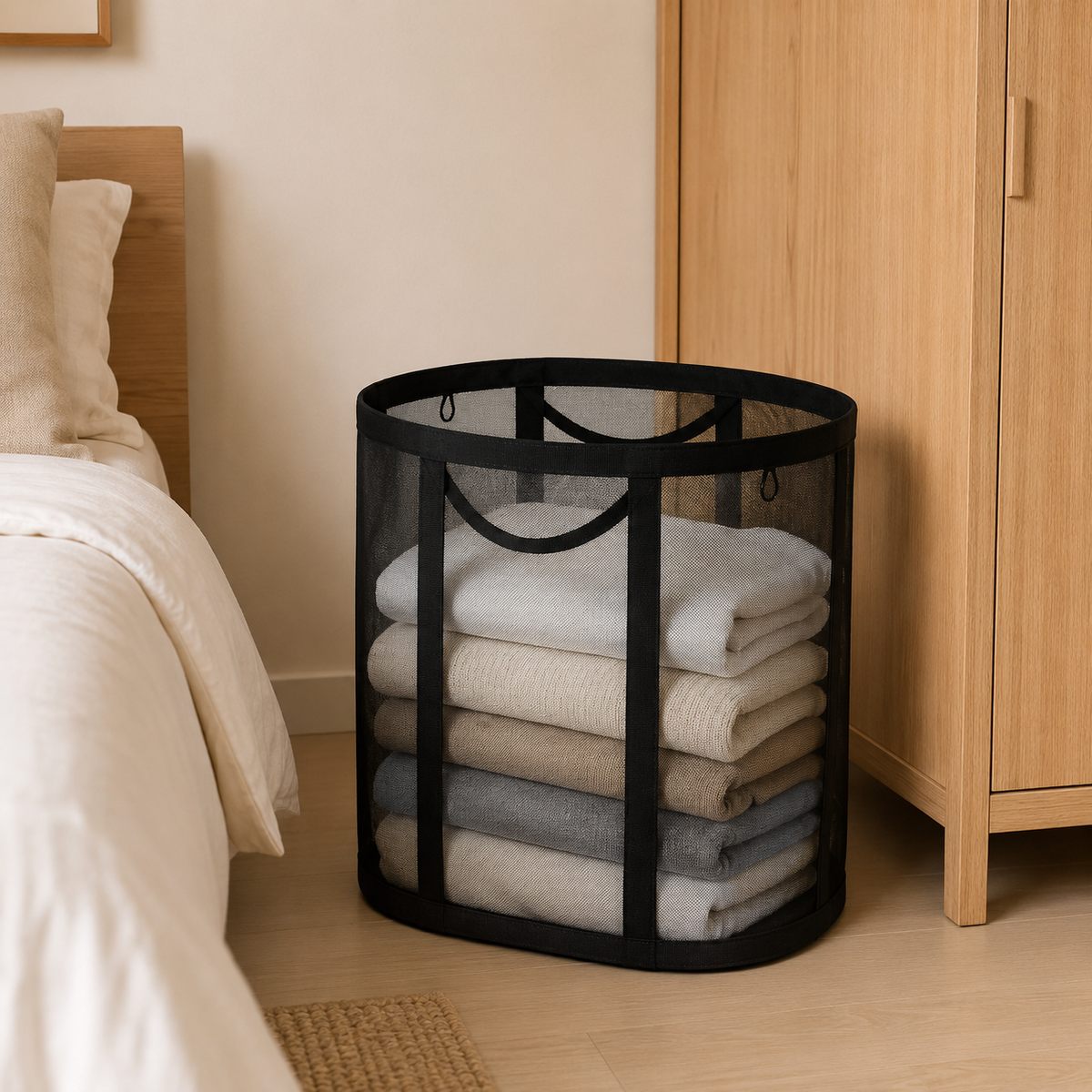 Opvouwbare wasmand van nylon mesh – ruimtebesparend en geventileerd