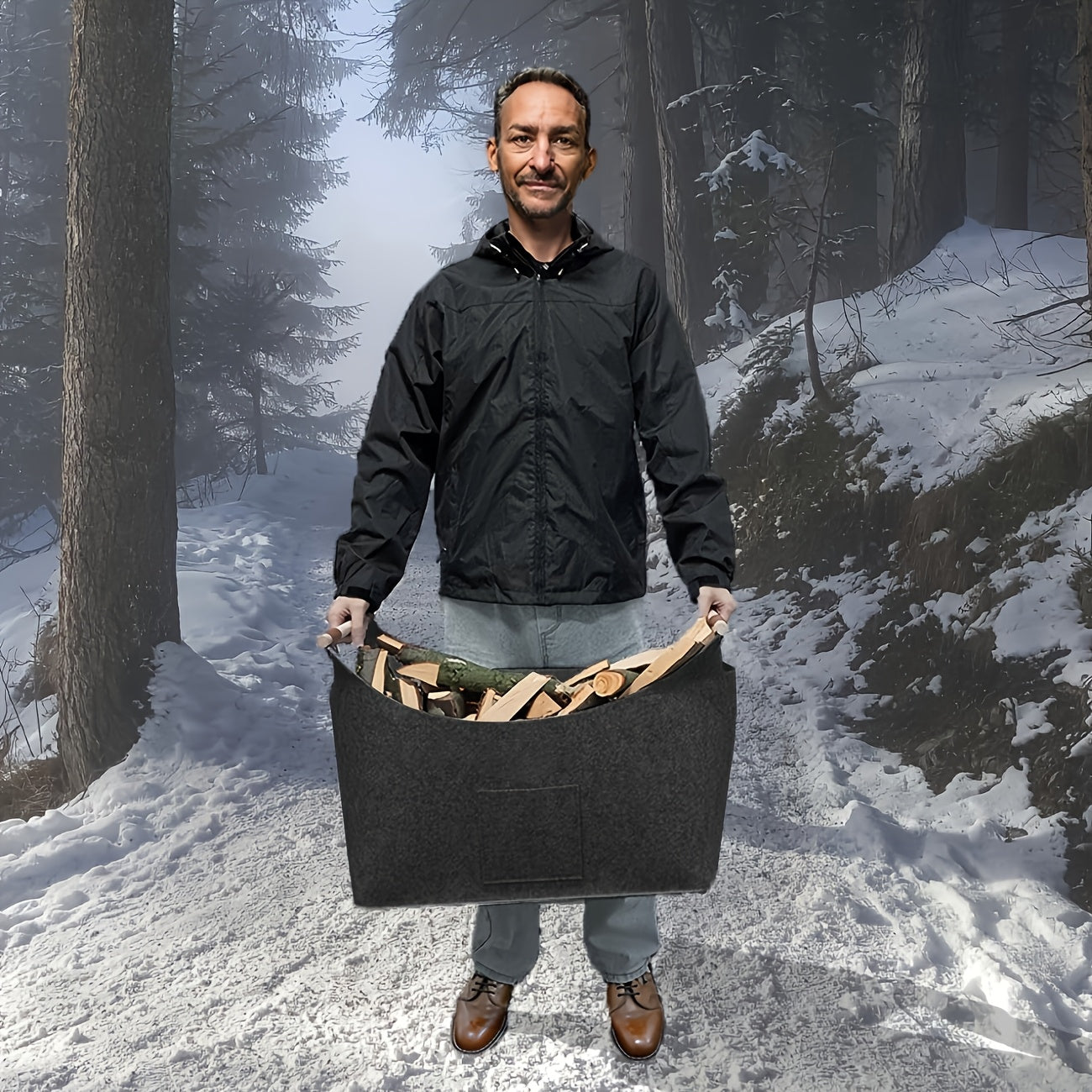 Opvouwbare haardhoutmand van vilt met houten handvatten – 55 liter