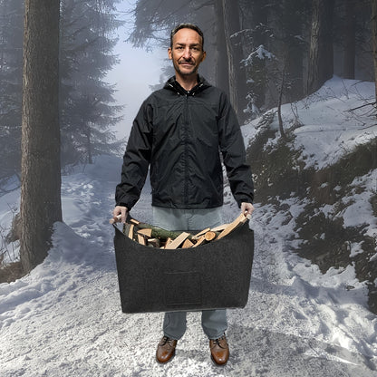 Opvouwbare haardhoutmand van vilt met houten handvatten – 55 liter