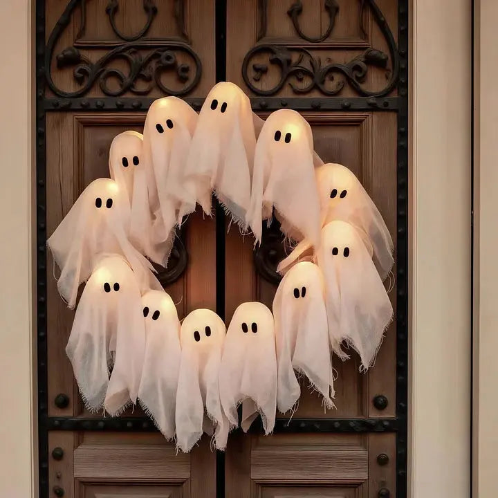 Halloween krans met LED-verlichting – 12 lichtgevende geesten, 31 cm
