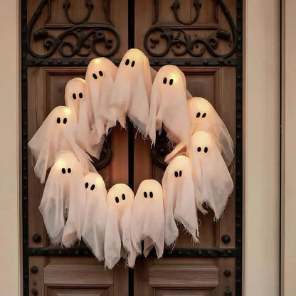 Halloween krans met LED-verlichting – 12 lichtgevende geesten, 31 cm