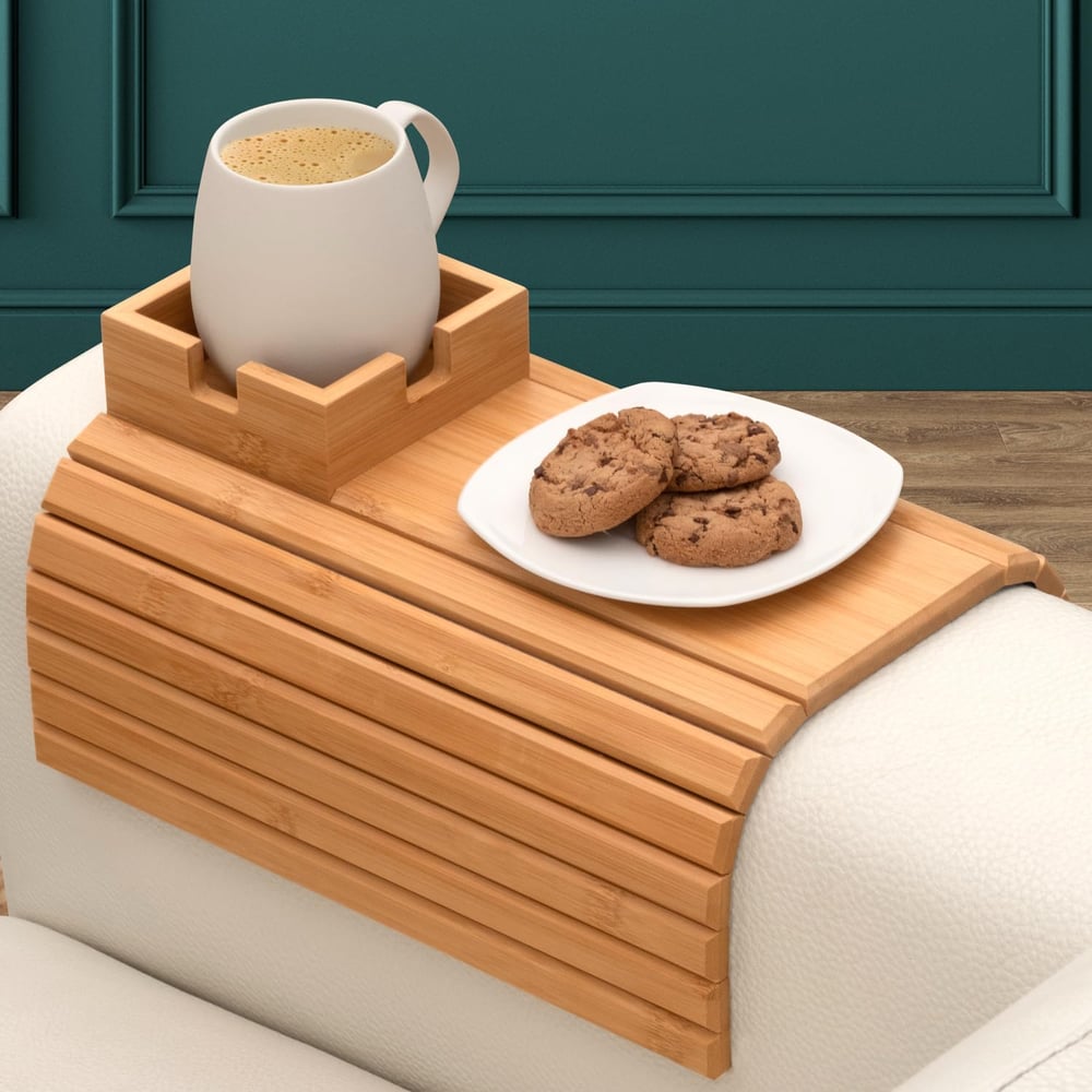 BambooEase™ – Bamboe armleuning dienblad – milieuvriendelijke beker- en snackhouder voor gezellige bankmomenten [50% Korting]