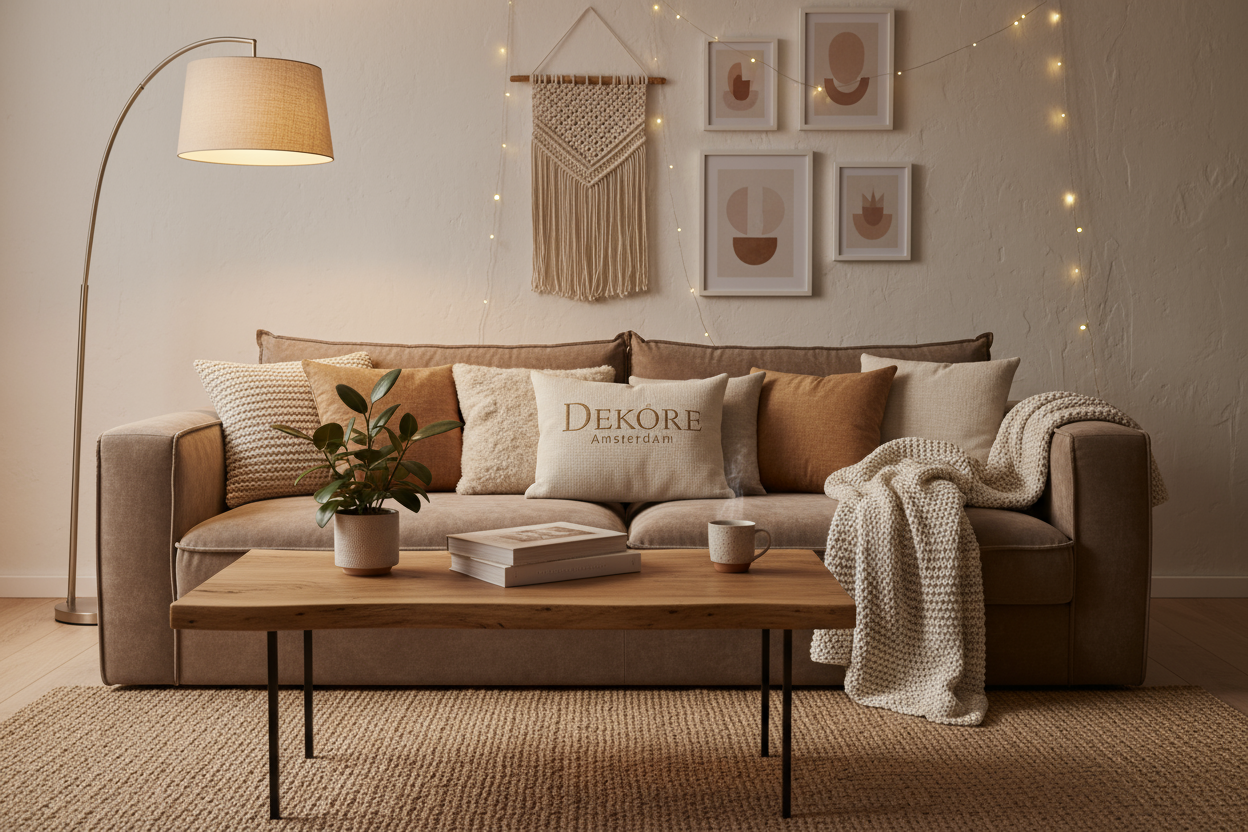 cozy living area webshop banner include product with name 'Dekore Amsterdam' on it