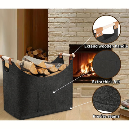 Opvouwbare haardhoutmand van vilt met houten handvatten – 55 liter