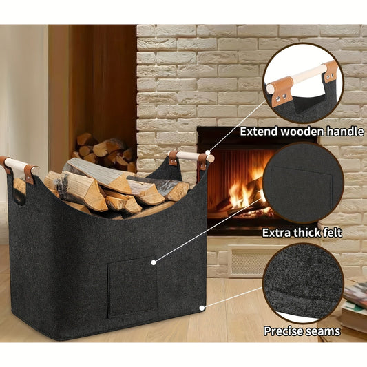 Opvouwbare haardhoutmand van vilt met houten handvatten – 55 liter
