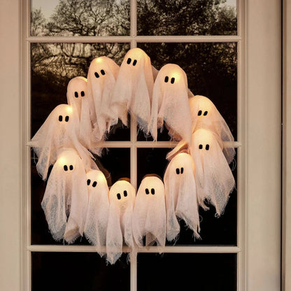 Halloween krans met LED-verlichting – 12 lichtgevende geesten, 31 cm