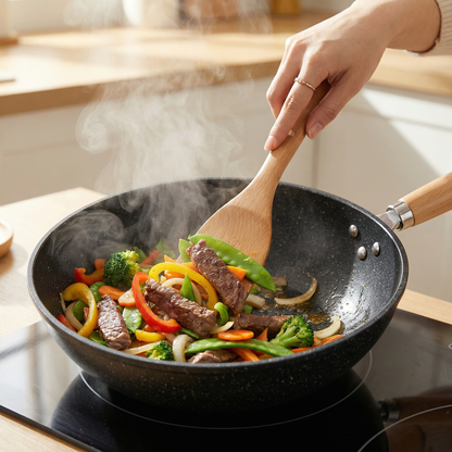 Keramische wok met glazen deksel en houten handgreep voor alle kookplaten
