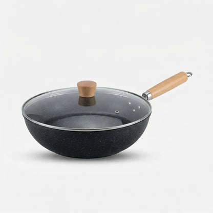 Keramische wok met glazen deksel en houten handgreep voor alle kookplaten