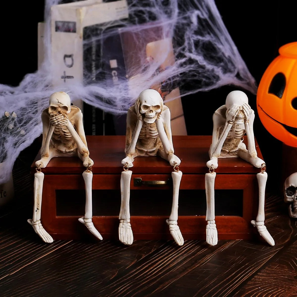 Skelet-figuren set van 3 kunsthars decoratie schoorsteenmantel Halloween