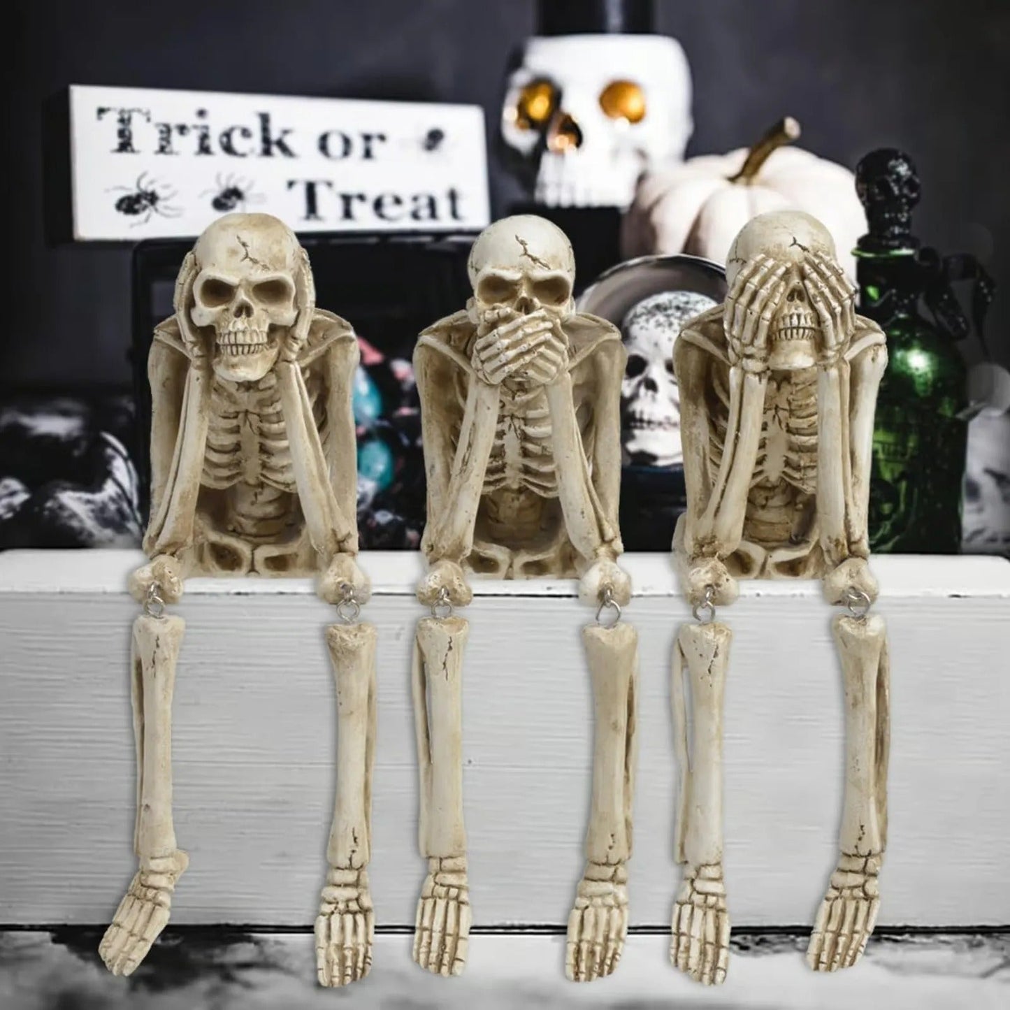 Skelet-figuren set van 3 kunsthars decoratie schoorsteenmantel Halloween