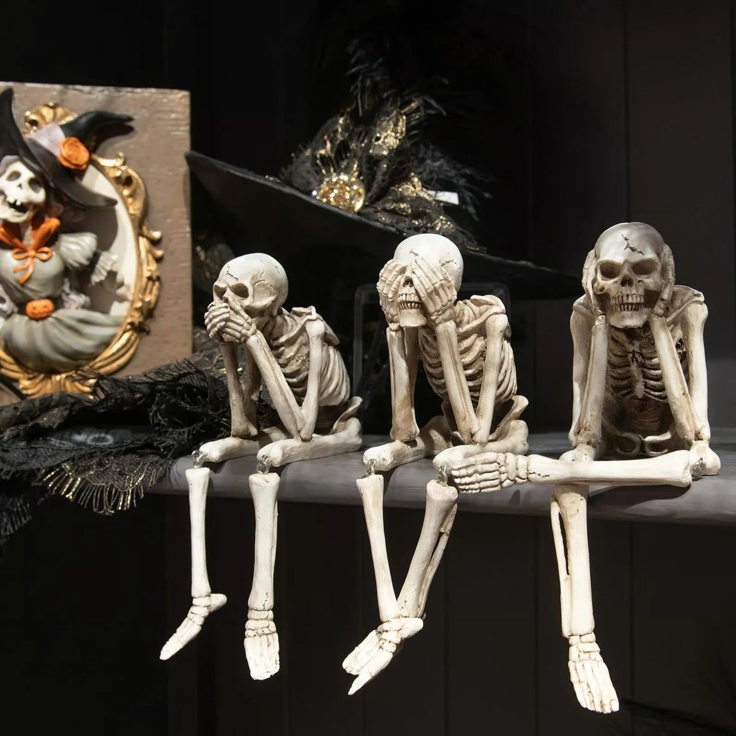 Skelet-figuren set van 3 kunsthars decoratie schoorsteenmantel Halloween