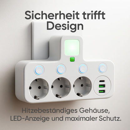 PowerGrid™ – Stekkerdoos 3 Stopcontacten met USB, Type-C & Schakelaar