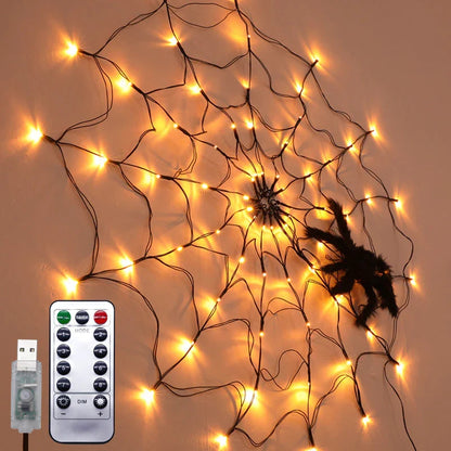 Spinnenweb lichtslinger met LED & afstandsbediening – Halloween decoratie binnen & buiten