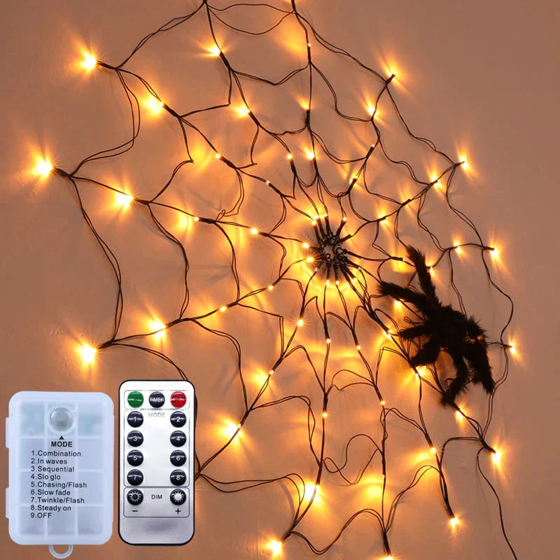 Spinnenweb lichtslinger met LED & afstandsbediening – Halloween decoratie binnen & buiten