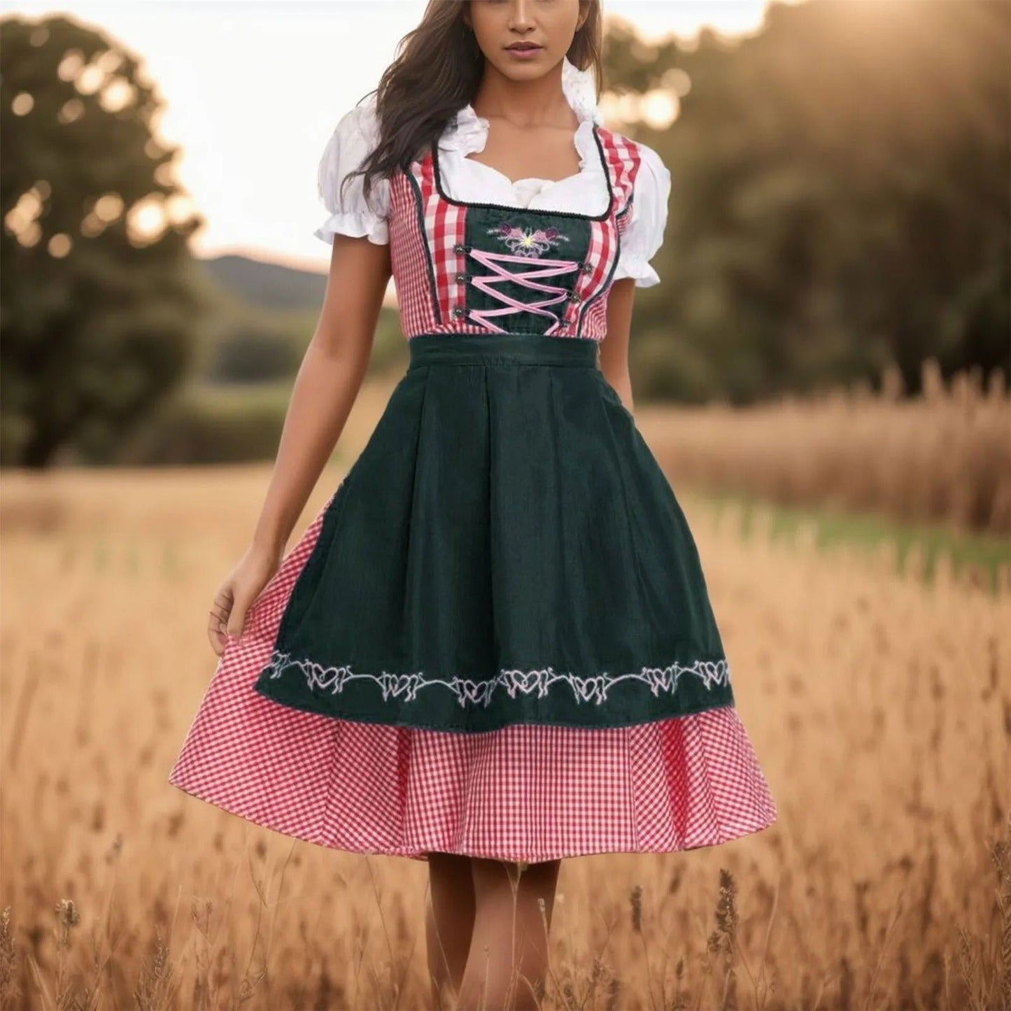 Dames Dirndl Geruit met Schort en Blouse – Oktoberfest Set
